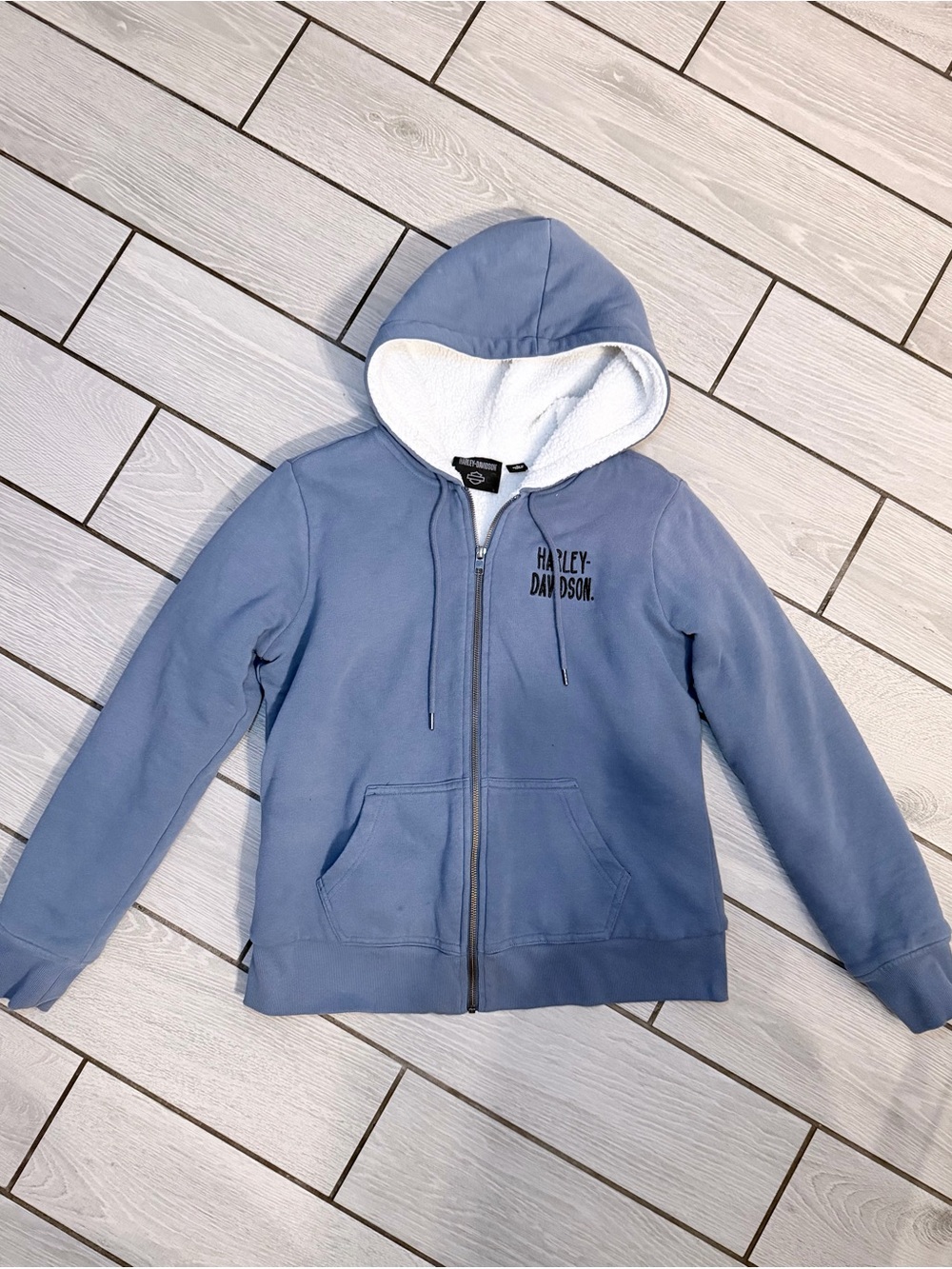 Harley-Davidson Women’s Sherpa-Lined Zip Hoodie Blue Embroidered Wings Full Zip - Picture 4 of 13